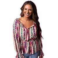 Multicolour Western Aztec Split Neck Peplum Blouse - S