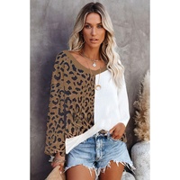 Brown Leopard Contrast Waffle Knit Twist Hem V Neck Top - M