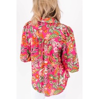 Strawberry Pink Floral Print Smocked Cuff Puff Sleeve Shirt - S