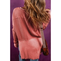 Mineral Red Exposed Seam Slit Neck Waffle Knit Patchwork Top - L