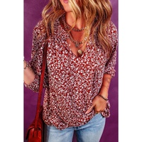 Biking Red Floral Print Smocked Tie Neck Blouse - L