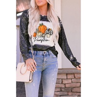 Black Leopard Bleached Pumpkin Graphic Long Sleeve Top - L