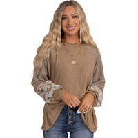Light French Beige Floral Striped Patchwork Loose Long Sleeve Top - M