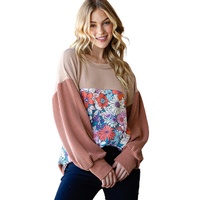 Printed Floral Contrast Colorblock Ribbed Top - XL