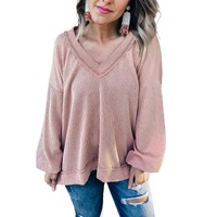 Peach Blossom Loose V Neck Bubble Sleeve Knit Ribbed Top - L