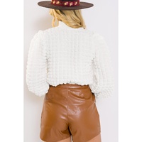 White Textured Smocked Mock Neck Puff Sleeve Blouse - L
