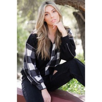 Black Checkboard Patchwork Exposed Stitching Collared Top - M