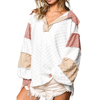 White Plaid Patchwork Exposed Seam V Neck Loose Blouse - M
