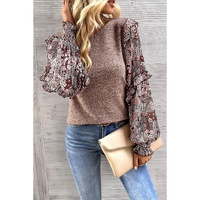 Pale Chestnut Ruffle Tiered Floral Sleeve Crew Neck Blouse - L