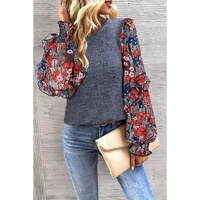 Blue Ruffle Tiered Floral Sleeve Crew Neck Blouse - M