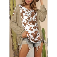 Pale Khaki Animal Print Textured Patch Lantern Sleeve Henley Blouse - L