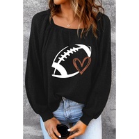 Black Rugby Football Print Square Neck Puff Sleeve Waffle Top - L