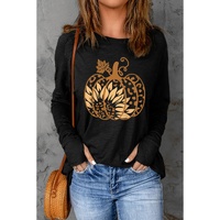 Black Sunflower Pumpkin Graphic Thumbhole Sleeve Top - S