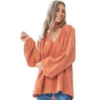 Orange Crinkle Textured Frill Split Neck Puff Sleeve Blouse - L