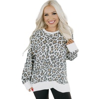White Printed Solid Trim Leopard Print Top - M