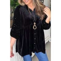 Black Sequin Puff Sleeve Buttoned Velvet Peplum Shirt - S