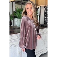 Rose Tan Button Keyhole Back Velvet Swing Top - M