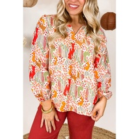 Orange Printed Split V Neck Puff Sleeve Blouse - L