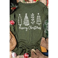 Green Merry Christmas Trees Thumbhole Sleeve Graphic Tee - S
