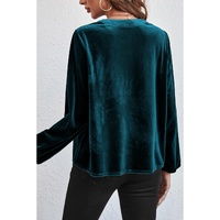 Skobeloff Lantern Sleeve Beaded Split V Neck Velvet Top - XL