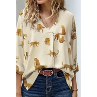 Apricot Printed Leopard Print Tab Sleeve Loose Fit V Neck Blouse - L