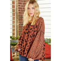 Brown Contrast Leopard Print Bubble Sleeve Blouse - L