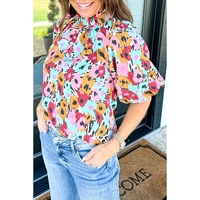 White Frilled High Neck Buttons Back Floral Blouse - L