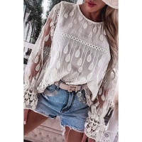 Beige Embroidered Mesh Flounce Sleeve Blouse - M