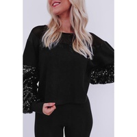 Black Sequin Patchwork Lantern Sleeve Blouse - L