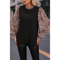 Black Contrast Leopard Print Lantern Sleeve Blouse - M