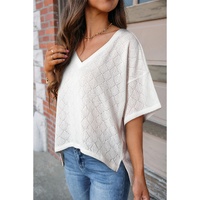 White V Neck Knitted Flowy Blouse - L