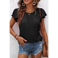 Black Solid Color Textured Pleated Flutter Sleeve Blouse - S