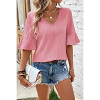 Peach Blossom Ruffled Half Sleeve V Neck Textured Top - M