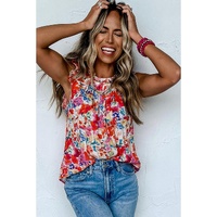 Red Frilled Neck Pleated Boho Floral Tank Top - L