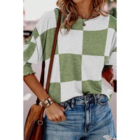 Grass Green Mix Checkered Print Shirred Cuffs Blouse - M