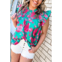 Green Floral Ruffled Flutter Sleeve Ruched Blouse - S