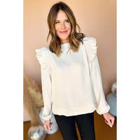 White Frilled Neck Ruffled Trim Bubble Sleeve Blouse - M