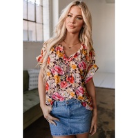 Pink Floral Print Crew Neck Short Sleeve Shift Blouse - L