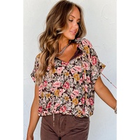 Pink Floral Print Bubble Hem Split Neck Blouse - L
