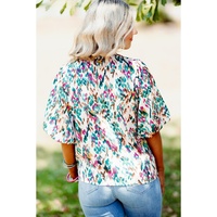 Light Blue Abstract Print Puff Sleeve Mock Neck Blouse - L