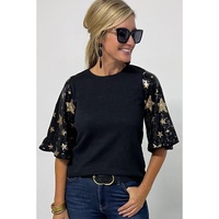 Black Star Sequin Splicing Half Sleeve Top - L