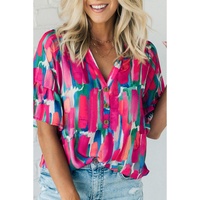 Rose Abstract Brushwork Print Buttoned V Neck Blouse - L