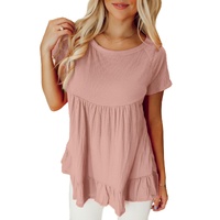 Pink Solid Short Sleeve Ruffle Hem Top - S