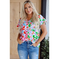 Green Contrast Leopard Print V Neck Short Sleeve Blouse - L