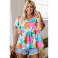 Pink Floral Print Bubble Sleeve V Neck Peplum Blouse - L