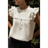 White Solid Color Ruffle Trim Waffle Knit Blouse - M