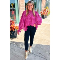 Rose Leopard Shirred Puff Sleeve Flowy Blouse - L