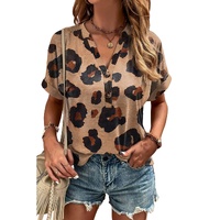 Light French Beige Leopard Folded Short Sleeve Buttoned V Neck Blouse - S