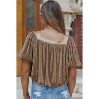 Simply Taupe Pleated Puff Sleeve Square Neck Blouse - L