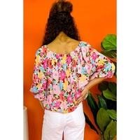 Red Floral Print Puff Sleeve Pleated Elastic Neckline Blouse - M